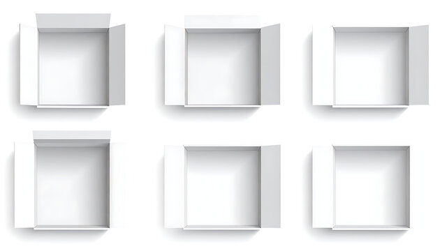 Collection of Empty White Boxes with Open Flaps Arranged on White Surface