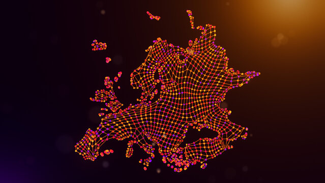Stylized Europe map created from interconnected nodes and mesh lines with flowing wave motion, glowing purple orange bokeh lights, and futuristic digital network aesthetics.