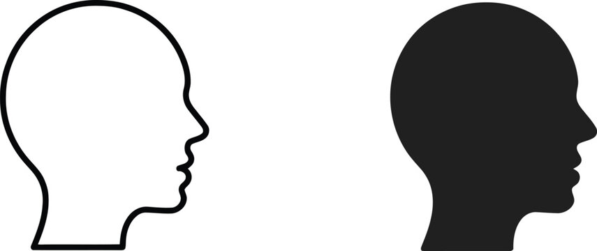 Dual human head silhouettes outline and filled vector illustration.