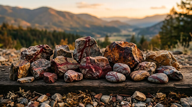 Natural Stones with Striking Red Veins on a Wooden Surface Against a Mountainous Landscape at Sunset
