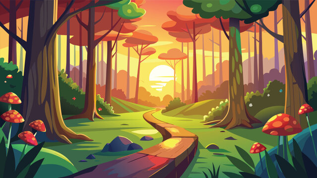 Winding forest path at sunset with whimsical mushrooms and vibrant trees