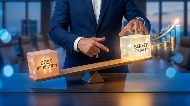 Businessman balancing cost reduction and benefit growth on a seesaw with glowing financial charts and coins concept