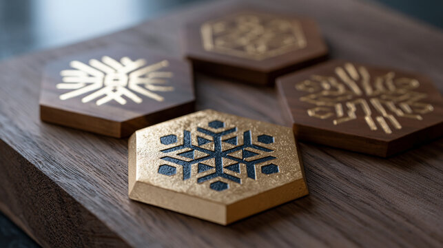 Hexagonal achievement badge icon set displaying beginner, intermediate, advanced, and expert tier designs with progressive complexity in central glyph detail, gamification visual