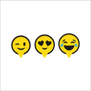 A set of three yellow circular message bubble icons featuring expressive emojis for digital communication