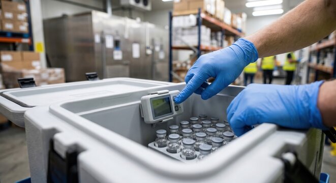 Logistics specialist validating temperature data logger in a medical cold-chain container. Professional pharmaceutical supply chain and distribution quality control for healthcare industry.