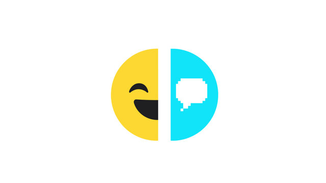 A creative split design featuring a yellow winking laughing emoji and a blue pixelated speech bubble for digital communication.
