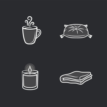 A cozy collection of icons for a restful international self care day featuring a hot mug, a soft pillow, a glowing candle, and a folded blanket.