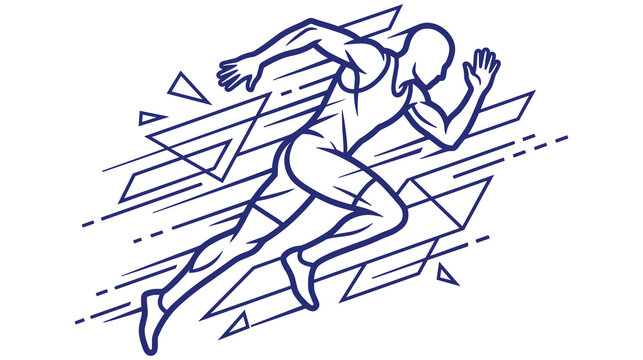 Athlete runner sprinting on track with speed lines and geometric shapes.