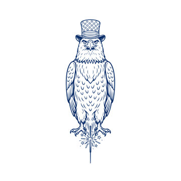 A line art illustration of a majestic eagle wearing a star-spangled top hat with a glowing festive sparkler for US Independence Day