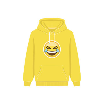 A vibrant yellow hoodie featuring a cheerful and funny laughing emoji icon on the front for modern digital communication style