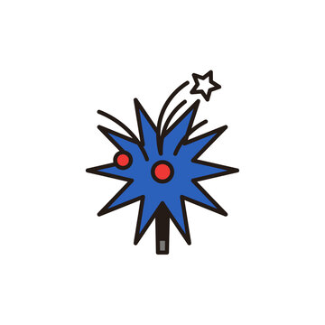 A vibrant blue firework graphic symbol exploding with red sparks and a bright star icon for a lively US Independence Day celebration
