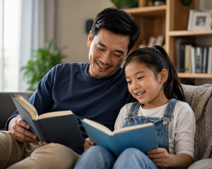 Obraz premium Father and Daughter Reading Books Together at Home
