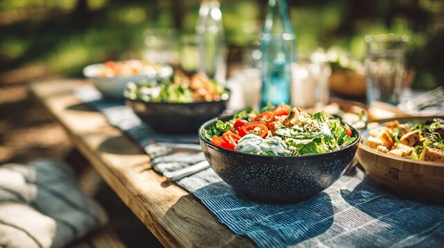 A bright outdoor picnic scene with healthy bowls served casually under sunlight