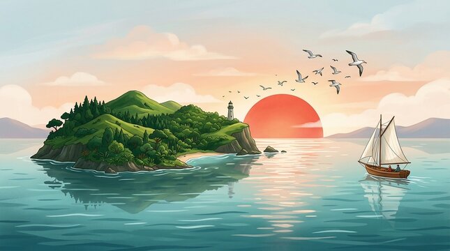 sunset over serene ocean with sailboat and island landscape