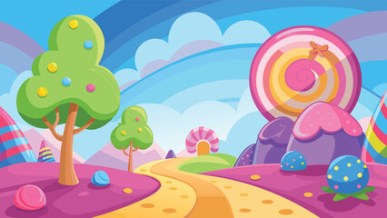 Naklejka premium Whimsical candy land landscape with lollipop trees and colorful mountains during daytime vector illustration