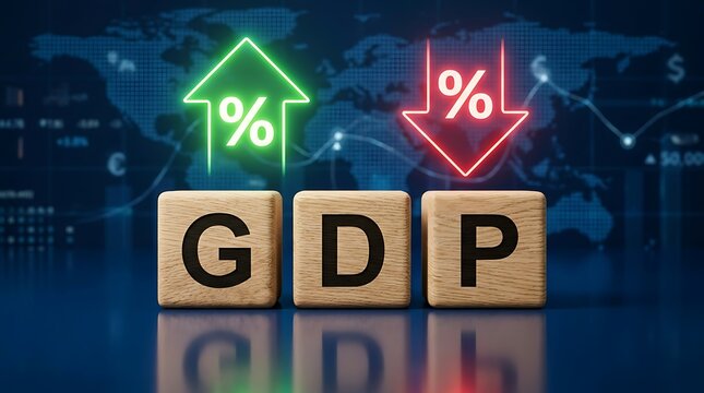 Global economy concept featuring wooden blocks spelling GDP with glowing up and down percentage arrows and world map