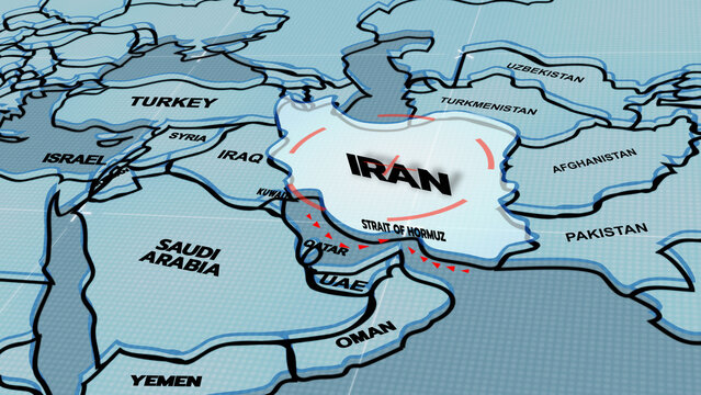 A 3D world map highlights Strait of Hormuz, and Iran, the Middle East, IRAN map, UAE map, Dubai, Strait of Hormuz, animation