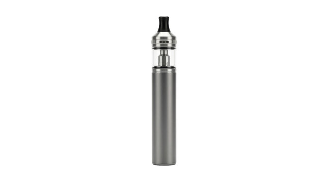 Sleek metallic gray vape pen with a clear glass tank and black mouthpiece