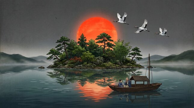 Serene lake scene with island trees boat and flying birds at sunset