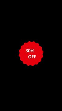 Sale sticker displays a thirty percent off discount. This sale sticker promotes a specific price markdown. Sale sticker animation for retail and e-commerce marketing.