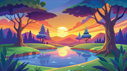 Sunset over tranquil river valley with stylized trees and vibrant sky vector illustration © CreativeKamrul