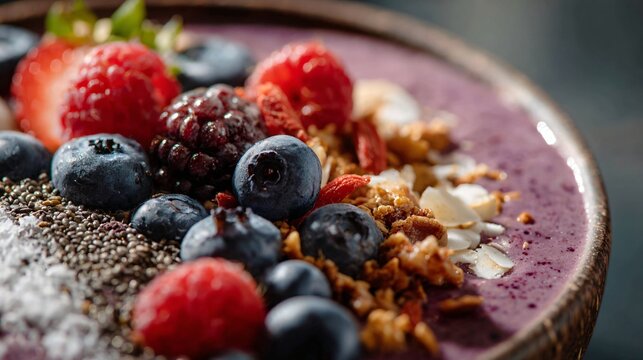 A macro close up of a vibrant smoothie bowl topped with fresh berries, granola, and seeds with detailed texture and bright natural lighting