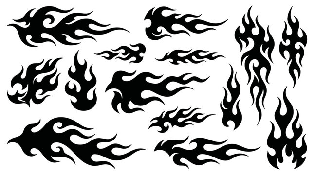 Set of black tribal flame shapes isolated on white