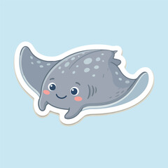 Fototapeta premium Cute stingray cartoon sticker vector, adorable blue manta ray character with smiling face, spotted sea creature illustration for kids