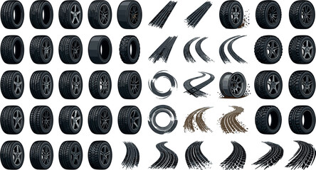 Car Tire Vector Icon Set with Rubber Wheels, Alloy Rims, and Detailed Muddy Brake Track Marks for Automotive Graphic DesignCar Tire Vector Icon Set with Rubber Wheels, Alloy Rims, and Detailed Muddy B © Shameem