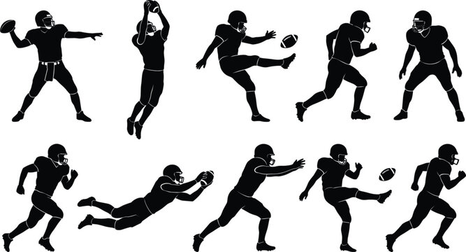 American Football Player Action Silhouette Icon Set with Passing Catching Kicking and Running Motion Graphics for Sports Designs
