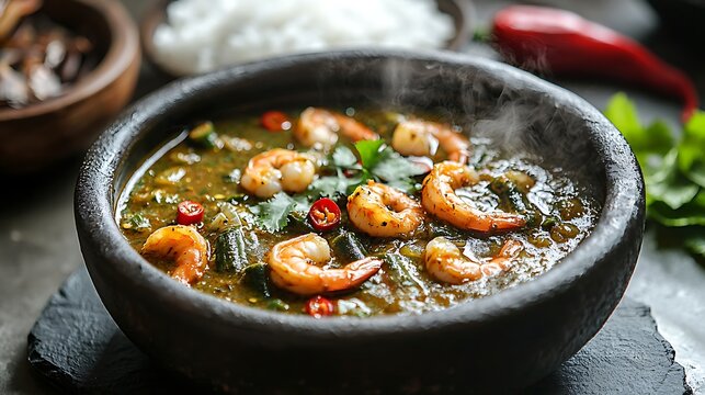A steaming dark clay bowl with sauce gombo, thick, slightly viscous dark green okra sauce with visible fresh fish and shrimp pieces
