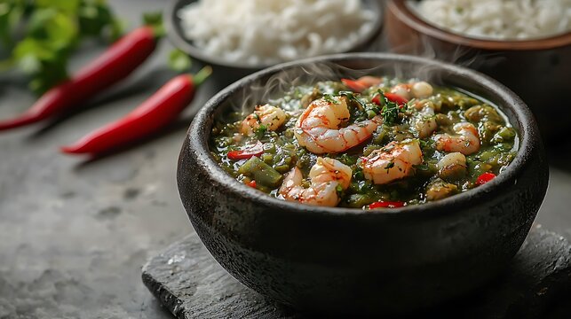 A steaming dark clay bowl with sauce gombo, thick, slightly viscous dark green okra sauce with visible fresh fish and shrimp pieces