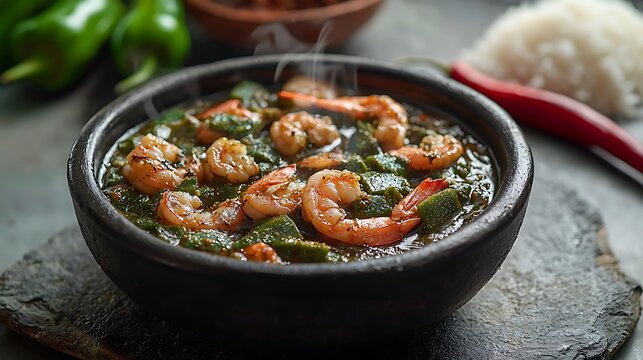 A steaming dark clay bowl with sauce gombo, thick, slightly viscous dark green okra sauce with visible fresh fish and shrimp pieces