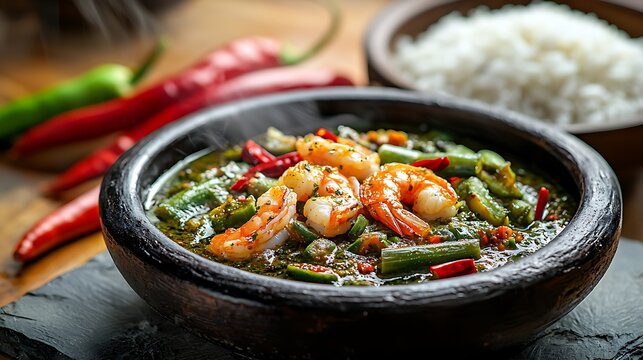 A steaming dark clay bowl with sauce gombo, thick, slightly viscous dark green okra sauce with visible fresh fish and shrimp pieces