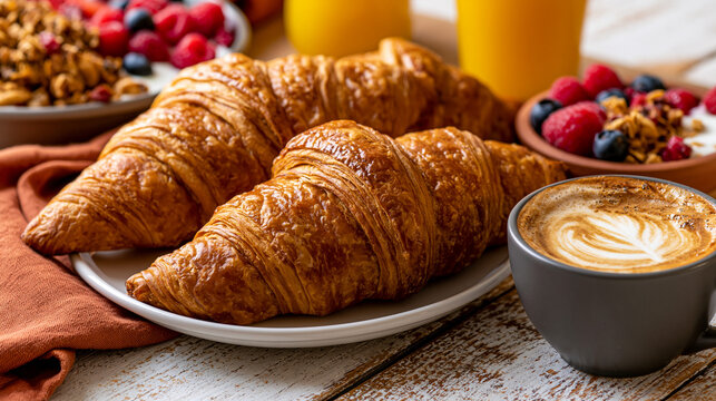 Morning continental breakfast with fresh flaky croissants coffee and fruit bowl