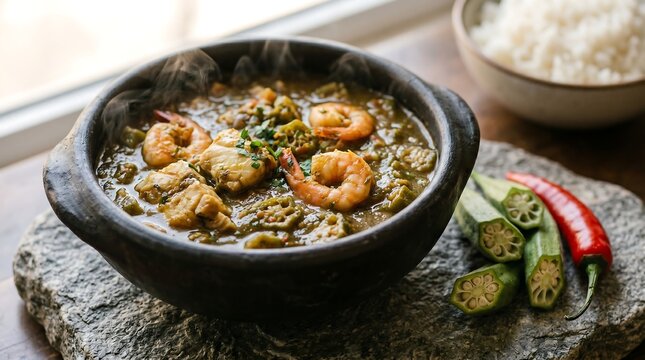 A steaming dark clay bowl with sauce gombo, thick, slightly viscous dark green okra sauce with visible fresh fish and shrimp pieces