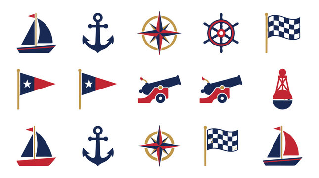 Nautical vector icon set with sailboat anchor compass and flags