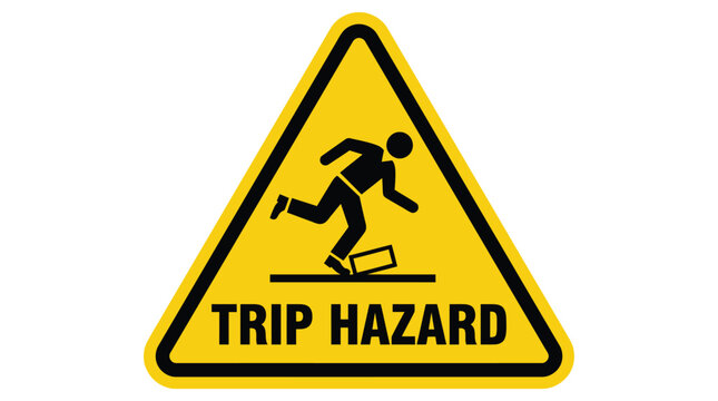 Bright yellow triangular warning sign displaying a bold black icon of a person tripping over an object to indicate a serious trip hazard safety alert