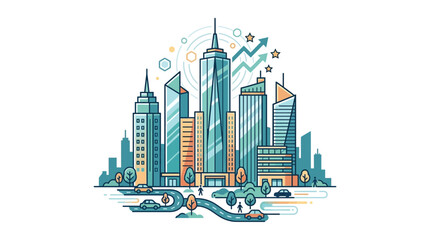 Fototapeta premium Modern Cityscape Skyline with Growth Arrows and Business Architecture