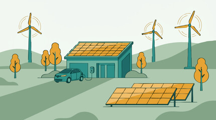 Renewable energy powering a home and electric vehicle in a green landscape © Hexaview
