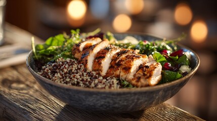 Obraz premium A rustic wooden table featuring a protein bowl with grilled chicken, greens, and grains under warm lighting