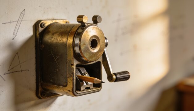Vintage pencil sharpener wall with brass toned body and crank in warm plaster light
