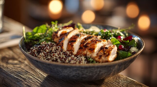 A rustic wooden table featuring a protein bowl with grilled chicken, greens, and grains under warm lighting