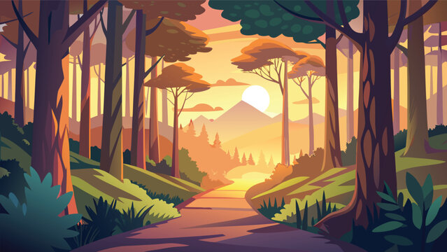 Forest path during sunset with mountain landscape and warm sun rays Vector Illustration