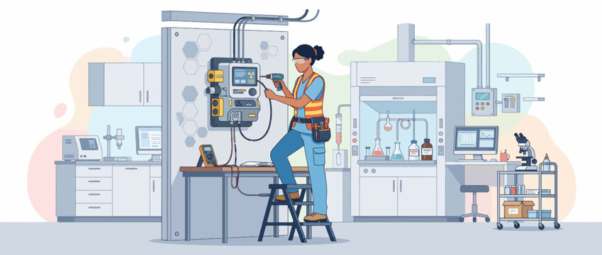 Technician Installing Laboratory Emergency Preparedness Equipment