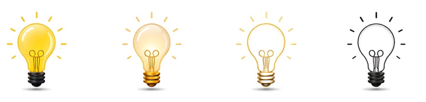 Light bulbs in four varying styles of brightness and detail represent the progression of a creative idea or energy efficiency concepts.