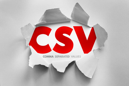 CSV Comma Separated Values text shown through torn paper illustrating structured data format for tables, spreadsheets, databases, data exchange, analysis workflows, information management