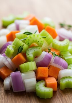 A close-up shot of freshly chopped aromatic vegetables&mdash;onion, celery, and carrot&mdash;ready for saut&eacute;ing to create a flavourful stock base, soup, aromatic, diced