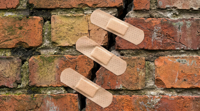 Metaphorical adhesive bandages on cracked brick wall, conceptual image of temporary fix or structural repair, red weathered brickwork with medical plasters