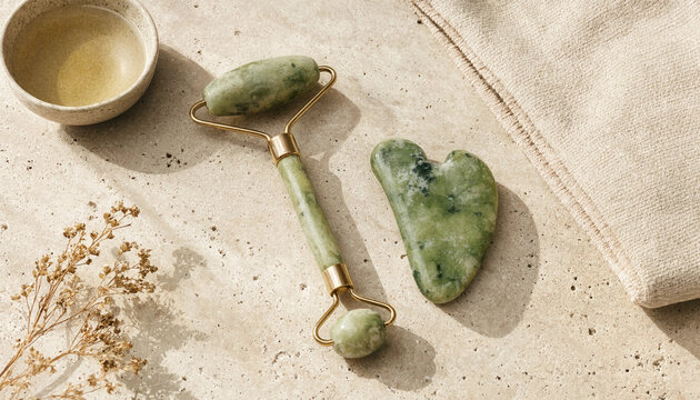 Green jade facial roller and heart shaped gua sha stone placed on a textured beige surface with a small bowl and a linen cloth nearby